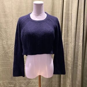 Maje Blue Crewneck cropped Sweater with Ribbed Texture, M